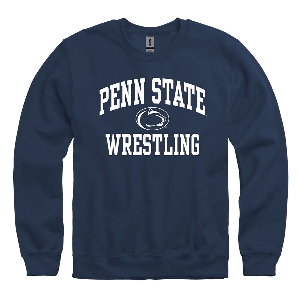 navy crew neck sweatshirt with Penn State arched above Athletic Logo and Wrestling